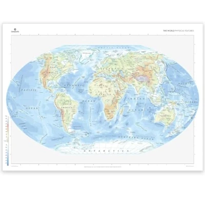 Image of World Physical Map with Major Geographical Features For Home or Office Size 69 x 94 cm