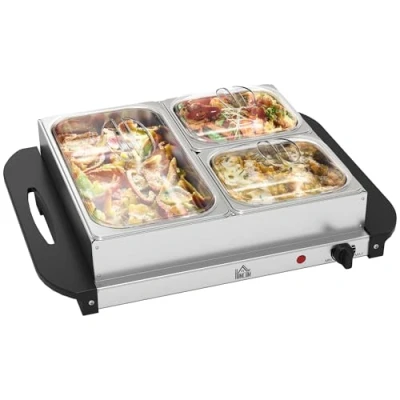 Image of HOMCOM Electric Food Warmer 4 Tray, 6L Portable Buffet Server and Warming Tray with Lids, Adjustable Temperature Control Cool Touch Handles, 200W, 2 x 2.5L 1 1L