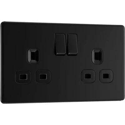 Image of BG Electrical Double Switched Power Plug Wall Socket, Flatplate Screwless, Matt Black, 13A, FFB22B