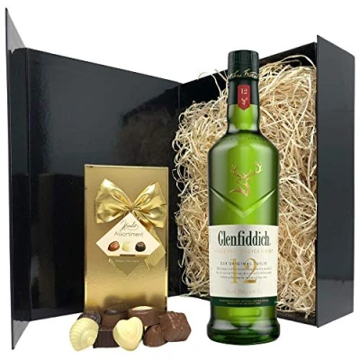 Image of Single Malt Whisky Gift Set Glenfiddich Scotch and Chocolates Hamper Box Birthday, Christmas Gifts for Lovers