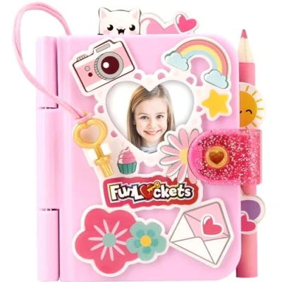 Image of Funlockets Notebook, mini notebook or journal that&#039;s lockable and has 15+ hidden surprises. Pink Notebook.