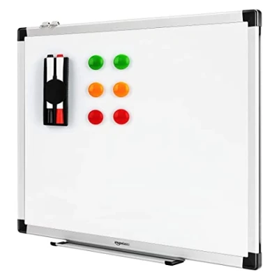 Image of Amazon Basics Magnetic Whiteboard with Pen Tray, Aluminium Trim and Dry Wipe Writing Surface, 60 x 45cm (WxH), White