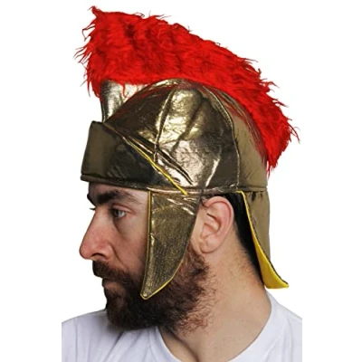 Image of Adults Roman Gladiator Hat Gold Greek Spartan Warrior Helmet With Red Faux Fur Plume Perfect for Dress Up, Shows and Productions or Any Other Fancy Event Pack Of 1
