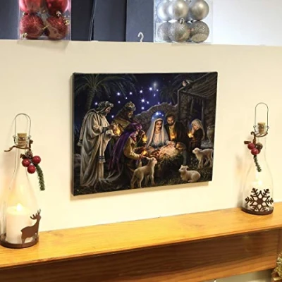Image of Premier Light Up LED Fibre Optic Christmas Nativity Scene Canvas Picture 40cm