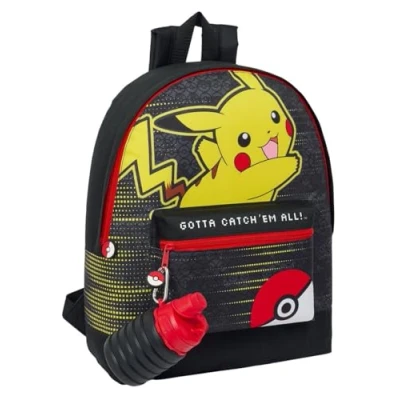 Image of Pokémon Pikachu Catch &#039;Em All Roxy Backpack with Collapsible Water Bottle Officially Licensed, 39x31x12cm, Durable Polyester, Adjustable Padded Straps, Hydration on the Go, For Trainers