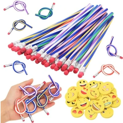 Image of 48 Pieces Flexible Pencils and Erasers Emoji Set, 24 Pencil, Erasers, Kids Gift Magic for Favor Parties