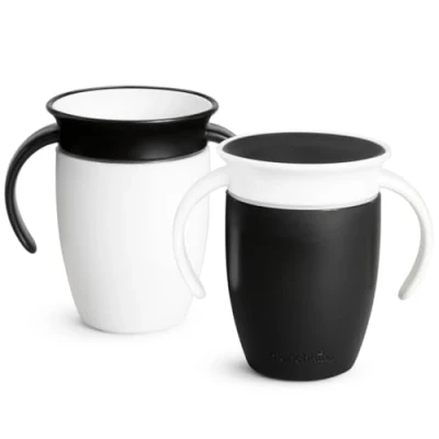Image of Munchkin Miracle 360 6+ Month 7oz Baby Sippy Cups (2 Pack). Free Flow Beaker for Toddlers. Trainer Cup, BPA Free, Spill Dishwasher Safe Water Bottle with Easy Grip Handles. (Black/White)