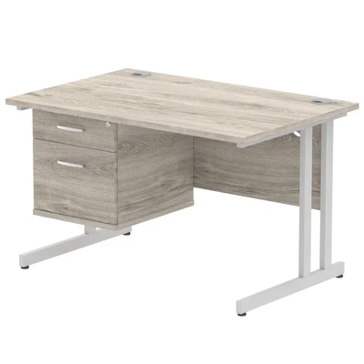 Image of Impulse 1200x800 Desk Grey Oak Silver Cantilever Leg + Fixed Pedestal