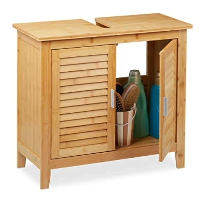 Image of Relaxdays Bamboo Sink Cabinet H x W D: 60 67 30 cm, 1 Large Compartment, 2 Doors, Magnetic, Bathroom Cabinet, Natural