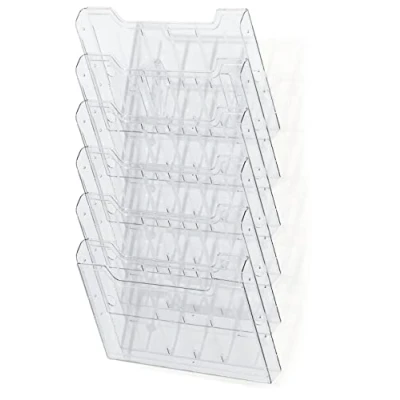 Image of Exacompta Ref 64258D Wall Literature Display Holder 113 x 327 523mm in Size, Suitable for Horizontal A4 Documents, 6 Compartments, 26mm Deep Pockets Clear