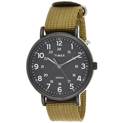 Image of Timex Weekender XL 43 mm Men Black Case Olive Fabric Strap Watch TW2U68200