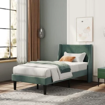 Image of BTM Single Bed, 3FT Upholstered Bed with Winged Headboard, Green Velvet Frame, Wood Slat Support, Frame 90x190cm