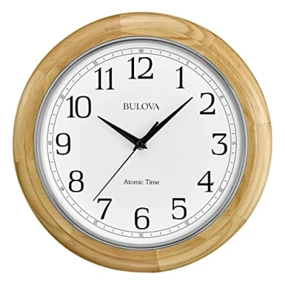 Image of Bulova Wooden Atomic Analog Wall Clock, C5005 Time 3, Sets Automatically, Quartz Battery