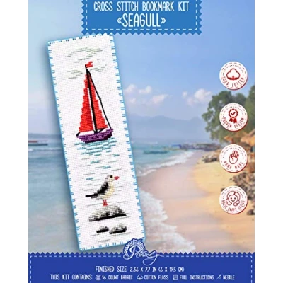 Image of Povitrulya Seagull Cross Stitch Bookmark Seaside Beach Embroidery Set with Paper Pattern, 16 Count Aida Cloth and Pre Sorted Floss