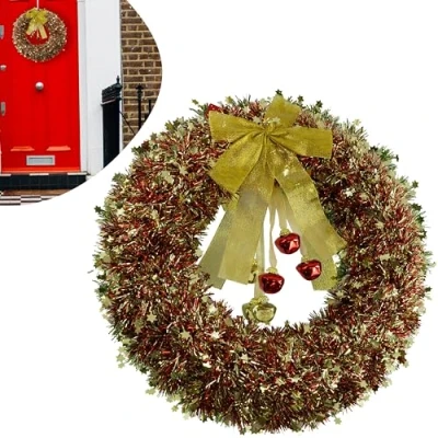 Image of 42cm Golden Christmas Large Tinsel Wreath with Bells and Bowknot Plastic Frame Wall Window Decor Hanging Ornament Xmas Pine Indoor Front Door Tree Decoration