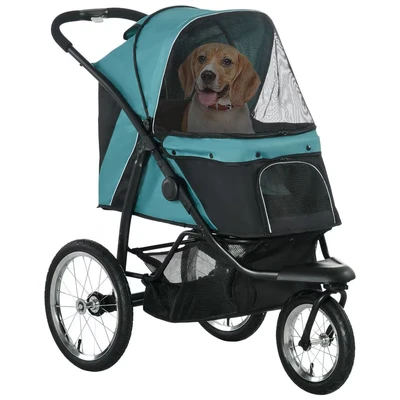 Image of PawHut Dog Pram Stroller Jogger Foldable Pet Pushchair for Medium, Small Dogs, w/Rubber Wheels, Washable Cushion Dark Green