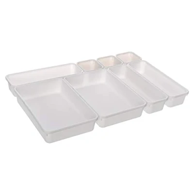 Image of FiNeWaY 8pc Interlocking Drawer Organiser Plastic Storage Separator Tray Boxes Cutlery Compartment Kitchen Bedroom Bathroom Desk Office De Clutter Tidy (White)