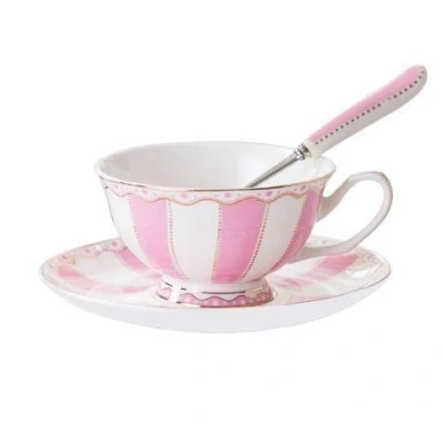 Image of Pfedxoon Bone China Tea Cup with Saucer Spoon 3 Piece Set（240ml） Cappuccino Cups, Set, British Coffee Porcelain Latte Mother&#039;s Day Gift (Pink Stripe)