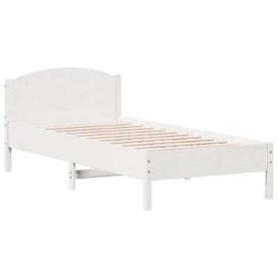 Image of vidaXL Solid Wood Pine Single Bed Frame with Headboard Modern White Finish Bedroom Furniture, Plywood Slats Support, 90x200 cm Size