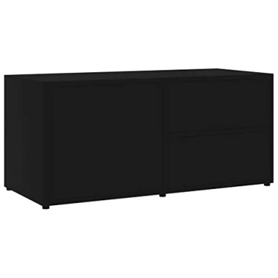 Image of vidaXL TV Cabinet Black Engineered Wood 80 x 34 36cm Media Hi Fi Stand Drawers &amp; Compartment Living Room/Bedroom Scandinavian Style