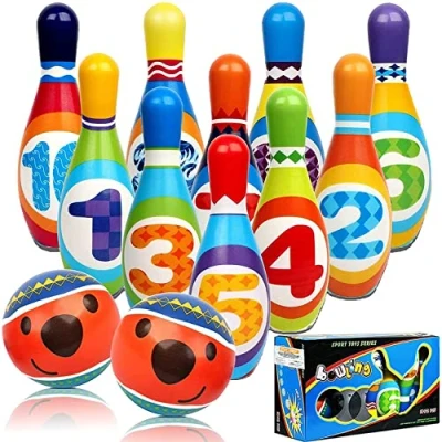Image of STAY GENT Kids Bowling Set Skittles Game 10 Pins and 2 Balls for Toddlers, Soft Multi Coloured Indoor Outdoor Educational Toys Children 3+ Years Old