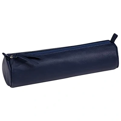 Image of Clairefontaine Ref 410161C Coloured Leather Round Pencil Case 22cm x 5.5cm, Made From Genuine Lambskin Leather, Metal Zip With Puller Dark Green