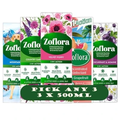Image of Zoflora Concentrated Multipurpose Disinfectant, Velvet Poppy, Country Garden, Grapefruit, Blackcurrant &amp; Jasmine, 3 x 500ml Mix Match Any