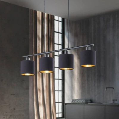 Image of Reality Leuchten Tommy R30334079 Pendant Light, Matt Black Metal, Fabric Shade,