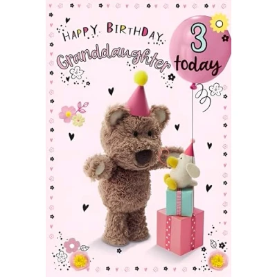 Image of Granddaughter 3rd Birthday Card Age 3 Special Finish Floral Barley Bear Teddy Design Illustrated Insert Leaf Made in the UK Eco Friendly