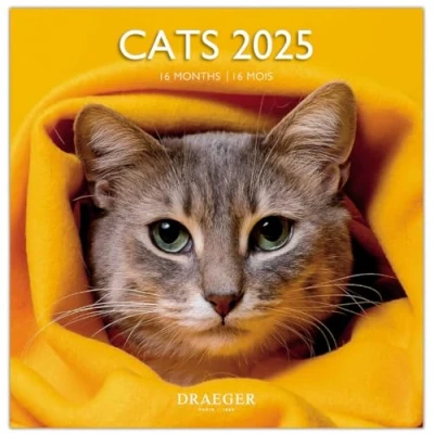 Image of DRAEGER PARIS 1886 Large Wall Calendar 29 x cm 2025 7 languages September 2024 to December 12 photographs available in several themes Cats Note appointments, birthdays
