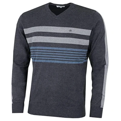 Image of Calvin Klein Mens V Neck Performance Soft Chest Stripe Sweater Charcoal
