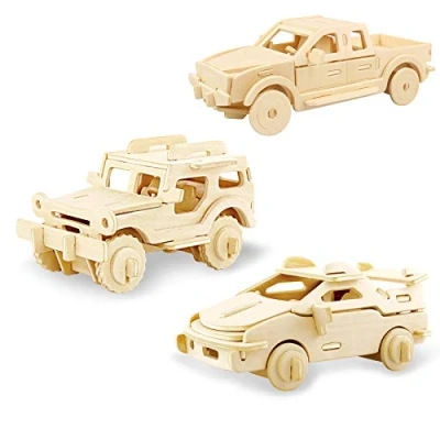 Image of Georgie Porgy Kids Toys Construction Woodcraft Kits Wooden Model Puzzle Age 8 Pack of 3 Jigsaw (Off road Vehicle Cars Pickup Truck)