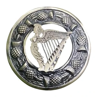 Image of Scottish Kilt Fly Plaid Brooch Thistle Crest 3 Inch Silver Finish Pins for Men and Ladies Scarf Celtic Knot Brooches &amp; Pin 8cm (Harp Queen Antique)