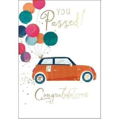 Image of Woodmansterne Illustrated Male/Female &#039;Congratulations You&#039;ve Passed&#039; Card Eco friendly Car and Balloons For Him/Her Gold Foil Finish