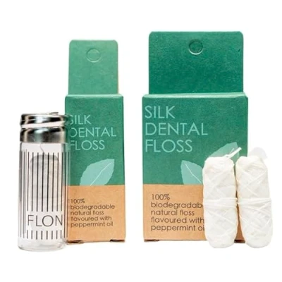 Image of Natural Silk Dental Floss + Refills Set 90m Eco Zero Waste Biodegradable Sustainable Plastic free in reusable glass dispenser. friendly packaging Mint Candelilla Wax