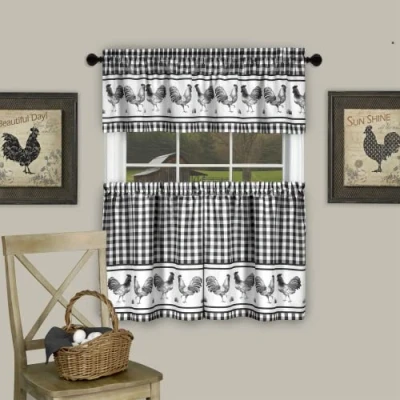 Image of Light Filtering Printed Tier &amp; Valance Window Curtain Set 58 Inch Length, 24 Width Barnyard (Black), Machine Washable Drape for Kitchen, Bedroom, Living, Dining Room by Achim Home Decor