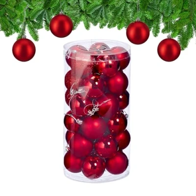 Image of Christmas Bauble Set of 30, Glittery, Matt &amp; Shiny Ornaments, Plastic Xmas Tree Balls, HxD: 7 x 6 cm, Relaxdays