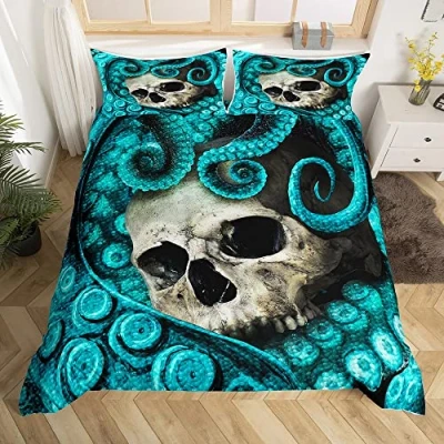 Image of Loussiesd Octopus Duvet Cover Set Super King Skull Bedding 3D Print Blue Decorative Luxury Horror Microfiber Polyester Comforter with 2 Pillow Shams, Zipper, Ocean Marine life, 3 Pieces