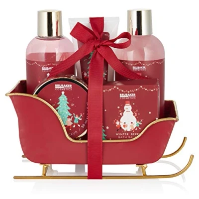 Image of BRUBAKER Cosmetics Bath and Shower Set Winter Berry Fragrance 6 Piece Gift a Sleigh Christmas for Women Men