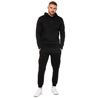 Image of 989Zé ENZO Mens Tracksuit Hooded Fleece Sweatshirt Overhead Hoodie Pullover Casual Cargo Combat Joggers Sweatpants Set EZHD600 &amp; EZJGC599 BLACK XL