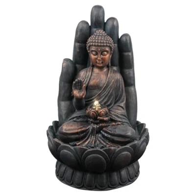 Image of GEEZY Garden Water Feature LED Fountain Indoor/Outdoor Cascading Freestanding Polyresin Statue Lights &amp; Decoration (Palm Buddha Fountain)