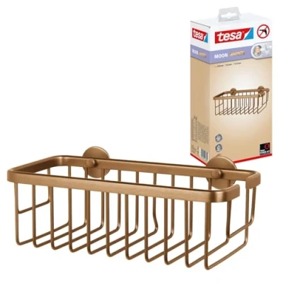 Image of tesa MOON self adhesive shower caddy in brushed bronze single tier and extra deep shelf made of PVD coated metal drill free, with solution 92 mm x 250 125