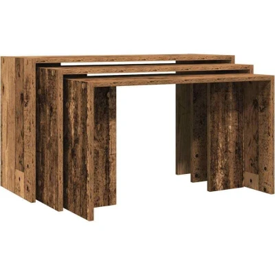 Image of vidaXL nesting tables set, engineered wood, old wood finish, modern design, space saving furniture for living room/lounge/office, brown rectangular tables, multi functional side/end