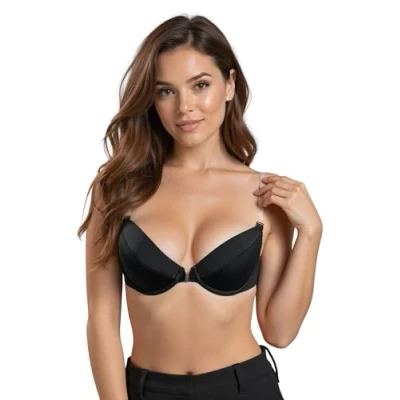 Image of Vivisence Eve 1012 Underwired Push Up Padded Bra Removable Silicone Straps Backless Made in EU, Black,34C