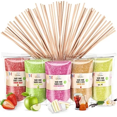 Image of GREENDOSO® Candy Floss Sugar For Machine (5x160g) Pack of 5 Flavours (Strawberry/Cola/Apple/Marshmallow/Vanilla) Natural Colourings &amp; 20 Sticks MADE IN FRANCE