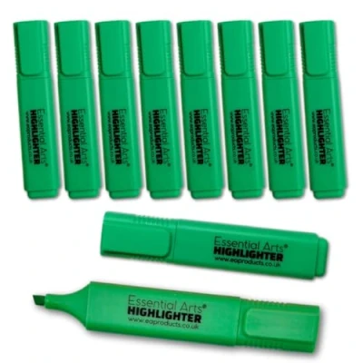 Image of Essential Arts Square Green Highlighter Pen Pack of 10 Chisel Tip Fluorescent Highlight Marker Pens for Office, School Art and Business
