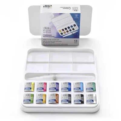 Image of Winsor &amp; Newton, Cotman Watercolour, &#039;Water Brush Pocket Set&#039; , 12 x Half Pans + 1 Water