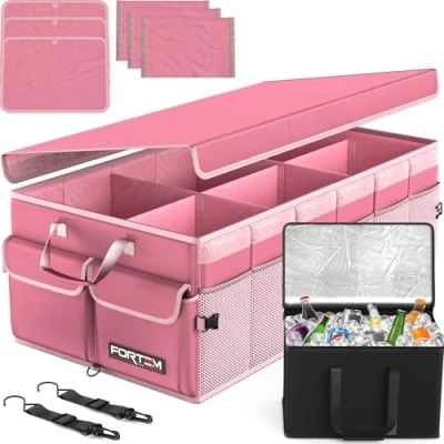Image of FORTEM Car Boot Organiser, Storage Accessories, Collapsible Multi Compartment Tidy, Non Slip Bottom, Adjustable Securing Straps (Pink, w/Cooler)