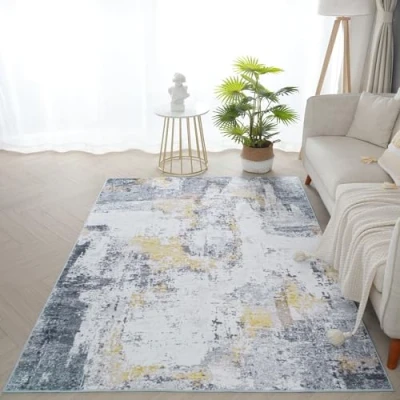 Image of Xfrog Washable Rugs Small Non Slip Abstract Area Modern Carpet for Living Room Soft Short Pile Floor Rug Gold Grey Door Mat Entrance Kitchen Bathroom Hall 80x150CM