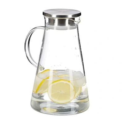 Image of Glass Pitcher, 1.8 l, Stainless Steel Lid, Water, Wine, Juice, Dishwasher Safe, Carafe, Transparent, Clear Relaxdays